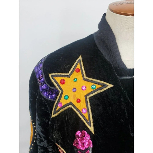 90's Escada Vintage Black Velvet Embellished Moon & Stars Bomber Jacket Size 36 - Picture 10 of 15